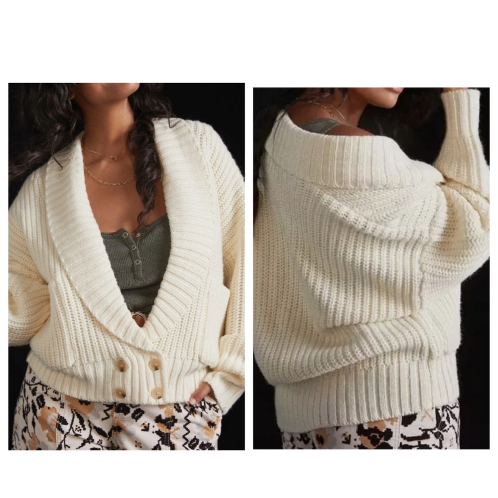 Anthropologie deep V button front wool blend ivory cardigan